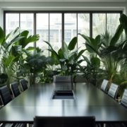 an office meeting room full of plants La sala riunioni del consiglio di amministrazione piena di piante in vaso, la parodia del portare la Natura al tavolo delle decisioni