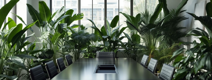 La sala riunioni del consiglio di amministrazione piena di piante in vaso, la parodia del portare la Natura al tavolo delle decisioni